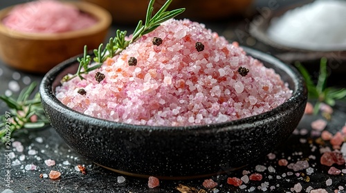 Pink Himalayan salt in a bowl with peppercorns and rosemary.