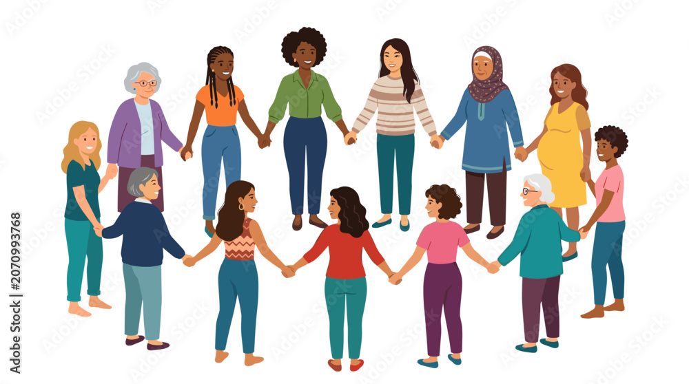 Obraz premium Diverse group of women from various backgrounds and ages standing together holding hands to form a pyramid