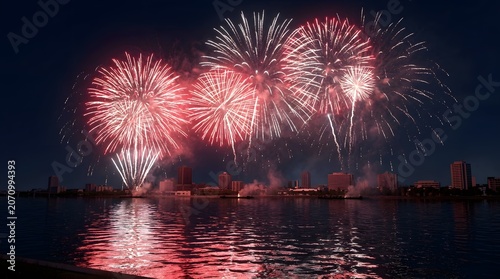 Spectacular Canada Day Fireworks Display Exploding Over River With Night Sky Illumination And Festive Holiday Celebration