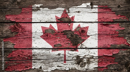 Rustic Canadian Flag Painted On Cracked Wooden Plank Texture For Canada Day Concept And Vintage Patriotic Background