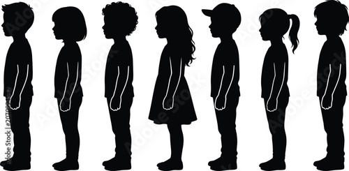 Fotografie Black silhouette vector of diverse boys and girls standing in a row waiting in l