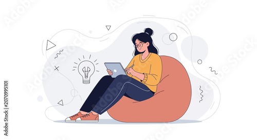 Creative Woman Working Remotely on Tablet with Lightbulb Idea Symbol, Flat Design Illustration