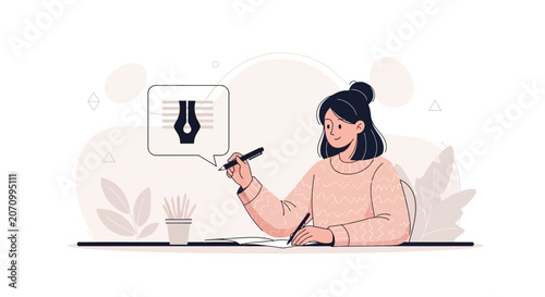 Creative Woman Writing and Illustrating, Vector Art Style