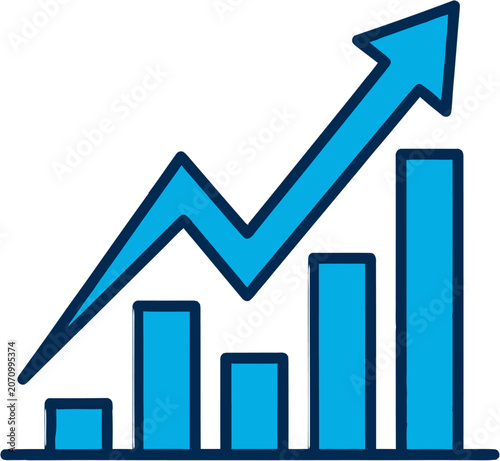 A blue bar graph shows an upward trend with a rising arrow indicating growth.