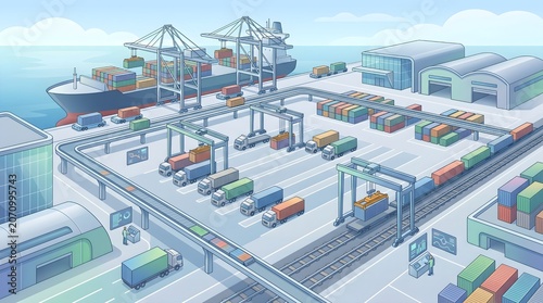 Efficient Cartoon Port Terminal Facilitating Global Shipping and Intermodal Logistics with Cargo Transport Operations