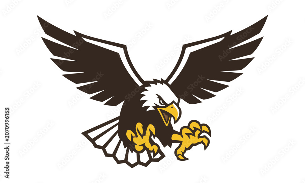 Fototapeta premium Aggressive bald eagle mascot in a dynamic diving pose with spread wings and sharp talons on a white background, sports team identity concept