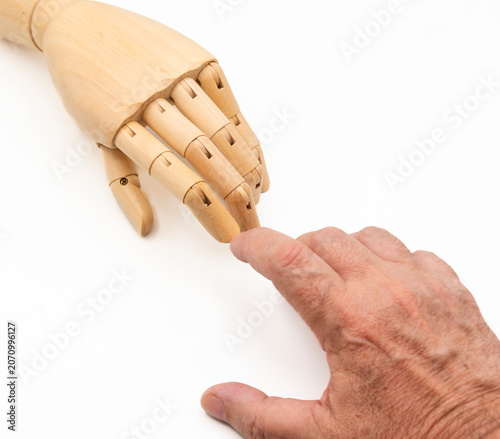 Mano humana y de marioneta tocandose con los dedos indice, aislado en blanco