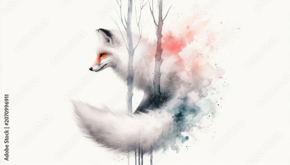 Fototapeta premium Watercolor fox spirit emerging through trees, artistic animal portrait with ethereal dissolving effect