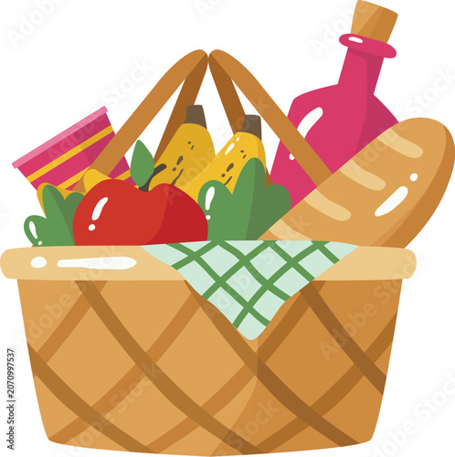 Wicker Picnic Basket With Food And Wine