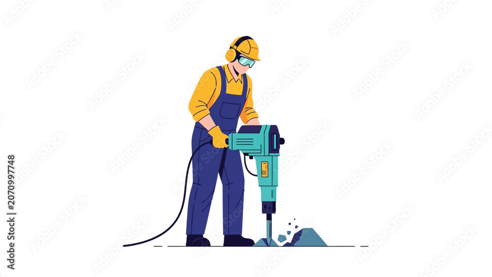 Fototapeta premium Construction worker using jackhammer vector illustration with safety gear