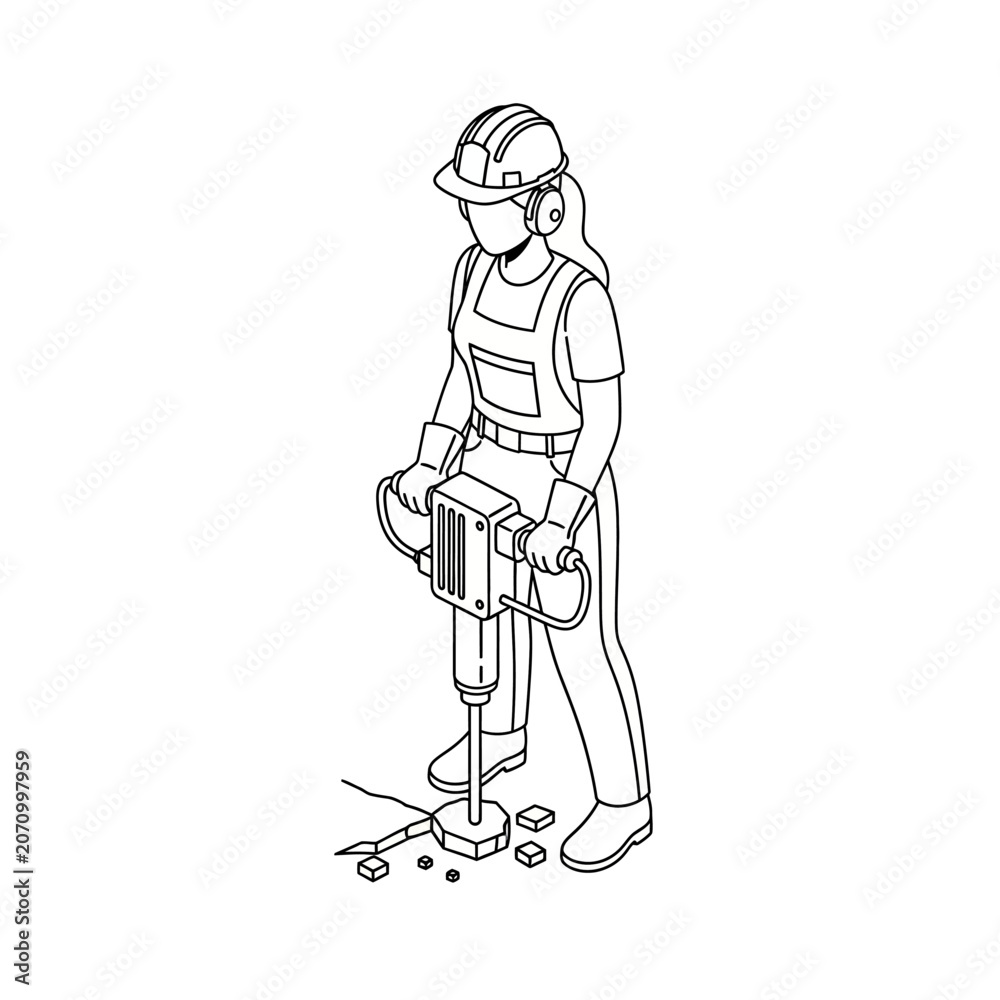Obraz premium Isometric Female Construction Worker Using Jackhammer Line Art Vector