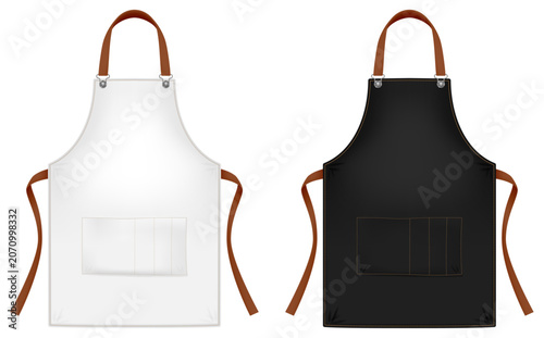 Black and white kitchen apron mockup with pocket and leather straps isolated on white background. Photo- realistic vector illustration.