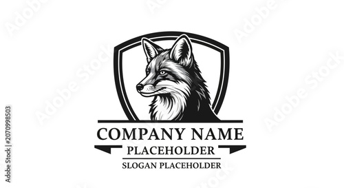 A wolf's head illustration on a shield with company name placeholder