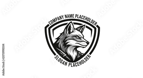 A wolf head illustration inside a shield with company name and slogan placeholder