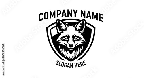 A black and white illustration of a fox head in a shield with company name and slogan