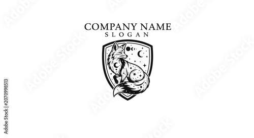 A logo design featuring a person standing on a wave in a protective shield with moon and stars