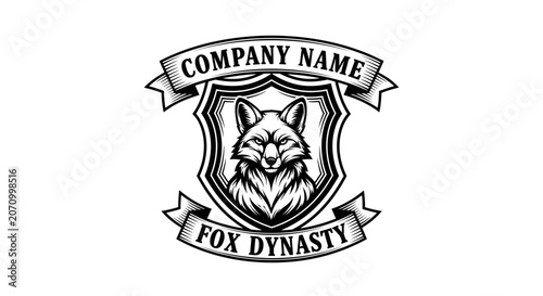 A fox head illustration on a shield with banners reading Company Name and Fox Dynasty