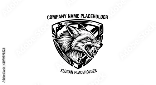 A wolf's head with an aggressive expression emerges from a shield emblem.