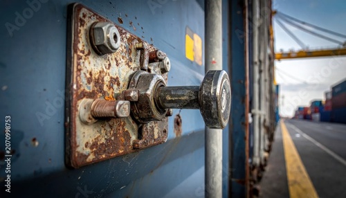 closeup of rusty shipping container lock mechanism, port logistics and global freight transport, industrial hardware detail
