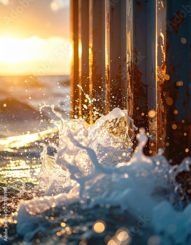 Ocean waves crashing against rusty metal pier pilings at golden hour, dramatic seascape with sunset light
