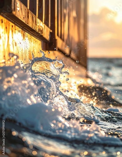 Ocean waves crashing against wooden pier at sunset with golden light, splashing sea water, liquid motion, power of nature, coastal atmosphere