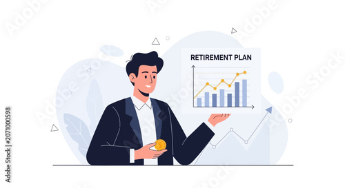 Man holding coin and retirement plan with growing investment graph, financial planning concept