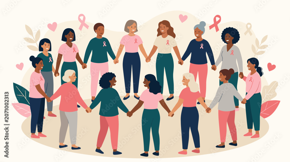 Obraz premium Diverse group of women holding hands in a circle supporting breast cancer awareness