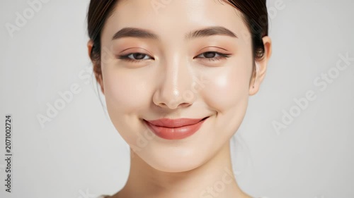 Soft Smile and Glowing Skin: A young woman with a gentle smile and radiant, dewy skin, showcasing natural beauty and makeup artistry.