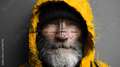 Artistic Portrait of a Homeless Man in a Yellow Jacket and Beanie