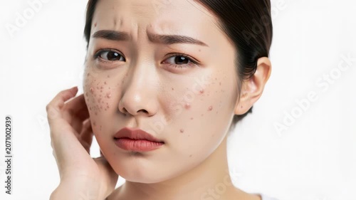 Concerned Young Woman with Acne: A young Asian woman with a worried expression touches her face, which is dotted with blemishes and dark spots, highlighting concerns about skin health.