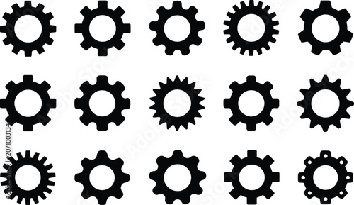 Canvastavla Collection of 15 unique gear and cogwheel silhouette icons featuring industrial