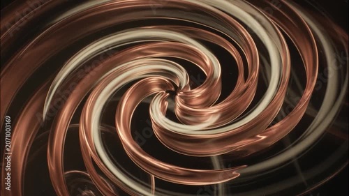 Abstract hypnotic spiral swirling with copper and white ribbons on a black background, featuring a glittering particle explosion