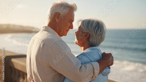 Romantic senior couple hugging and enjoying the ocean view at sunset from a seaside promenade