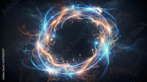 Abstract glowing ring of blue and orange energy particles rotating on dark background creating a magical fiery circle