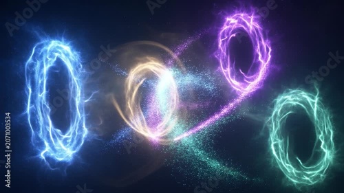 Colorful magic energy circles creating luminous particle trails and sparkling light on a dark abstract background