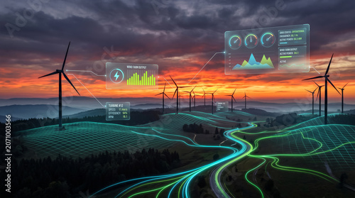 Smart Wind Farm at Sunset With Digital Grid Overlays Showing Renewable Energy Data and Monitoring