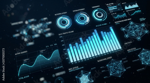 Futuristic Data Analytics Dashboard Showing Blockchain Network Metrics, Charts and System Performance