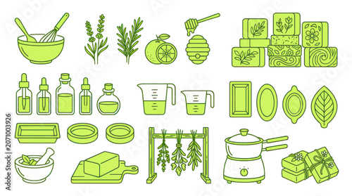 Bild auf Leinwand Natural soap making ingredients and equipment icons