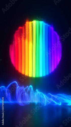 Luminous rainbow sphere pulsating above a vibrant blue neon audio waveform on a dark background in an endless looping animation