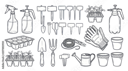 Bild auf Leinwand Essential gardening equipment and seed starting supplies collection