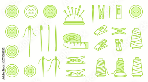 Foto Professional sewing and tailoring tool set in green outline