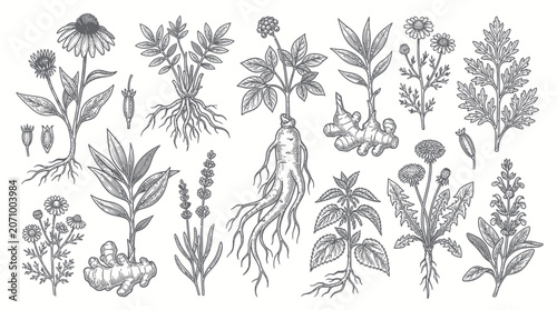 Konstfotografi Hand drawn medicinal herbs and botanical plants set