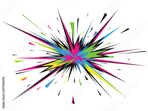Colorful explosion of abstract shapes and vibrant energy on white background.