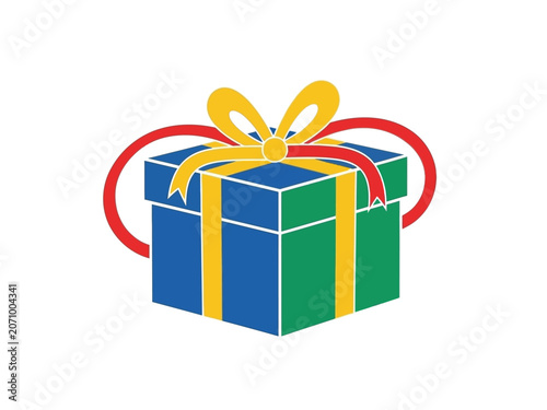 Colorful gift box with a bright yellow bow and red ribbon, perfect for celebrations.