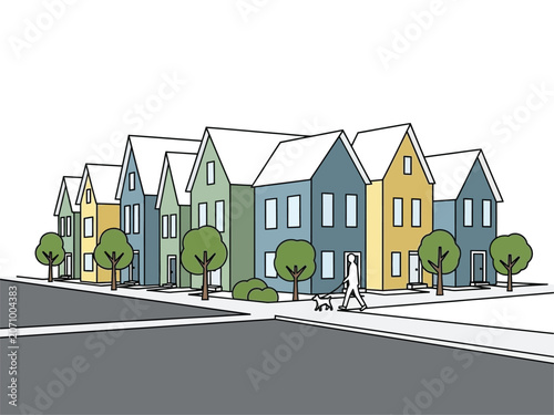 Colorful row houses with trees and a person walking on the sidewalk.