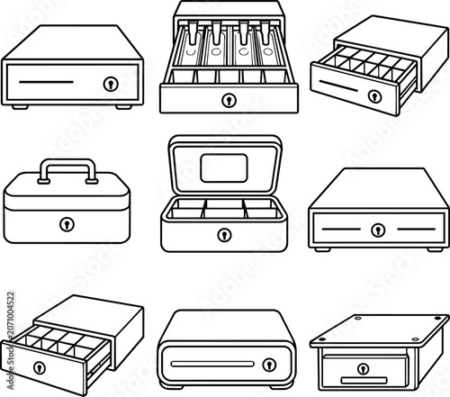 Cash register drawers and lockable money boxes outline set