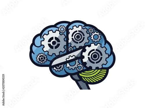 Conceptual illustration of a brain with gears representing thought processes and innovation.