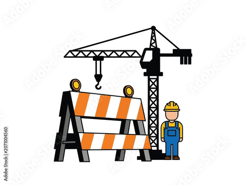 Construction site scene featuring a crane, barrier, and worker, safety first.