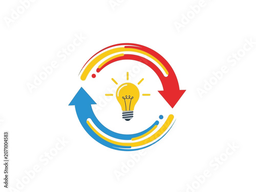 Creative idea generation cycle with light bulb and arrows.