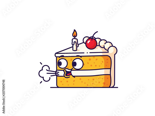 Cute cartoon cake slice with candle blowing out smoke for birthday celebration.